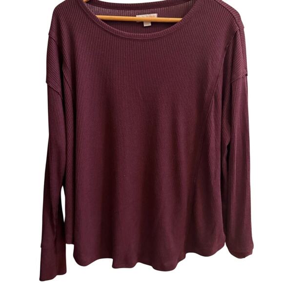 Knox Rose Long Sleeve Ribbed Top L Burgundy Plum Stretch Soft Casual Lightweight - Picture 1 of 8